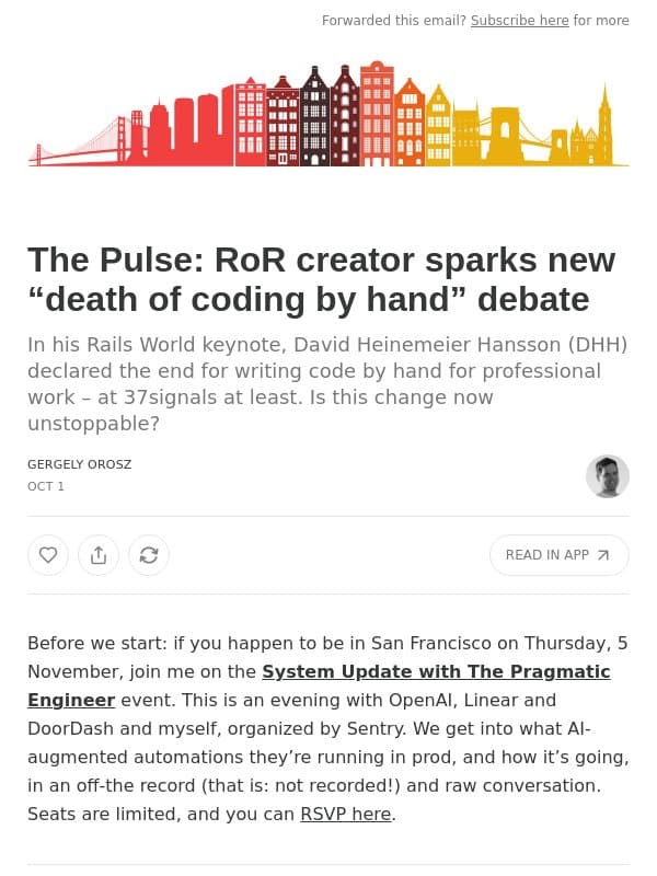 The Pulse: RoR creator sparks new “death of coding by hand” debate email from The Pragmatic Engineer (Gergely Orosz)
