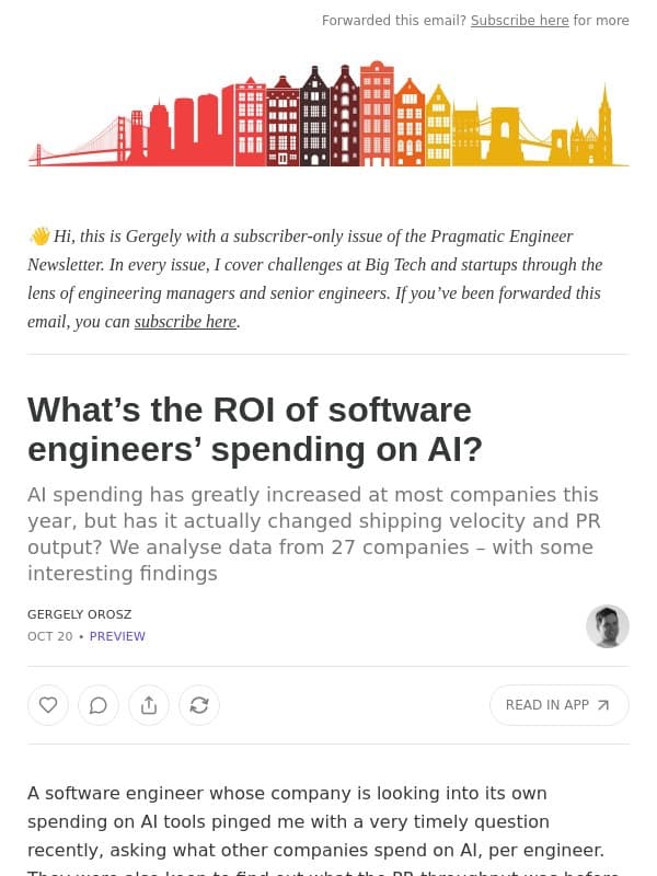 What’s the ROI of software engineers’ spending on AI? email from The Pragmatic Engineer (Gergely Orosz)