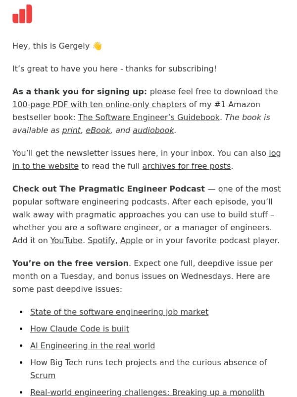 Welcome to the free edition of The Pragmatic Engineer Newsletter email from The Pragmatic Engineer (Gergely Orosz)