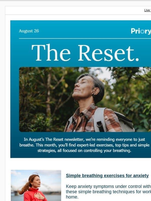 Your Reset reminder to 'just breathe' email from The Priory Group