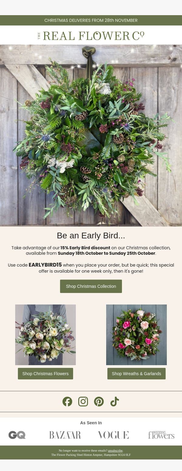 A 15% Christmas Discount, just for you! email from The Real Flower Company screenshot