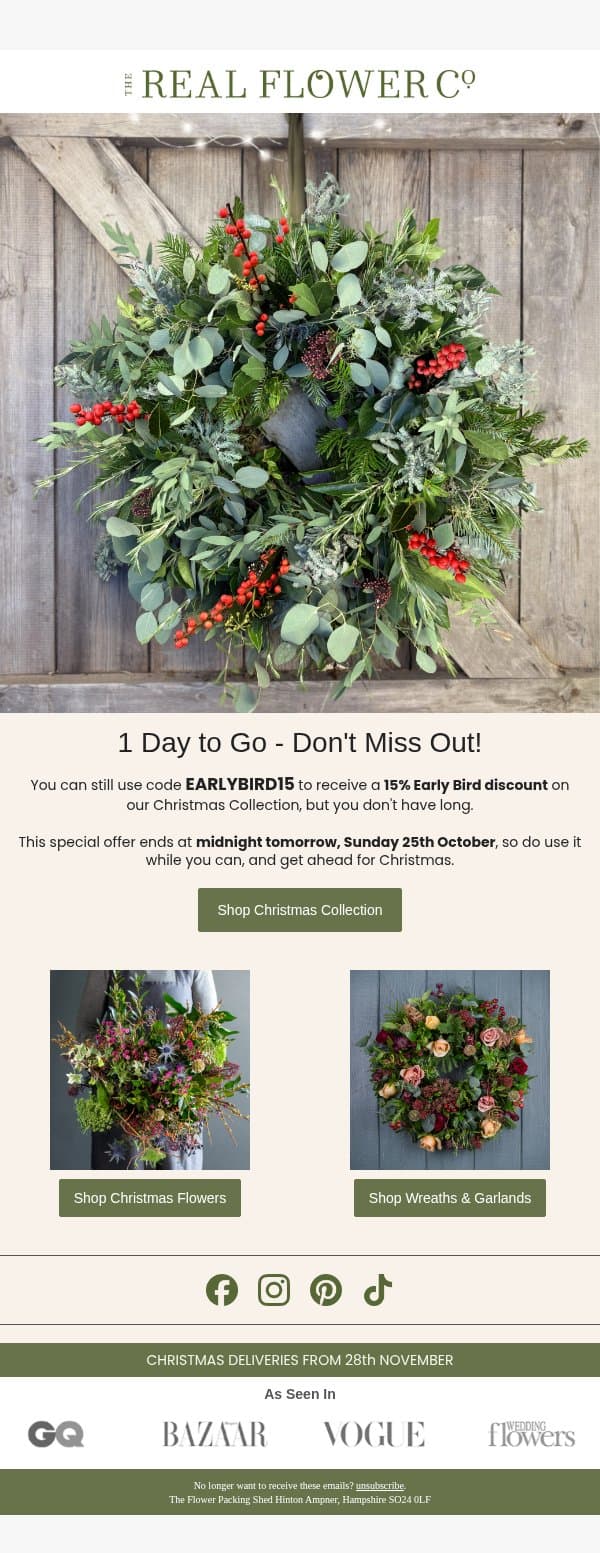 Last Chance for a 15% Christmas Discount email from The Real Flower Company screenshot