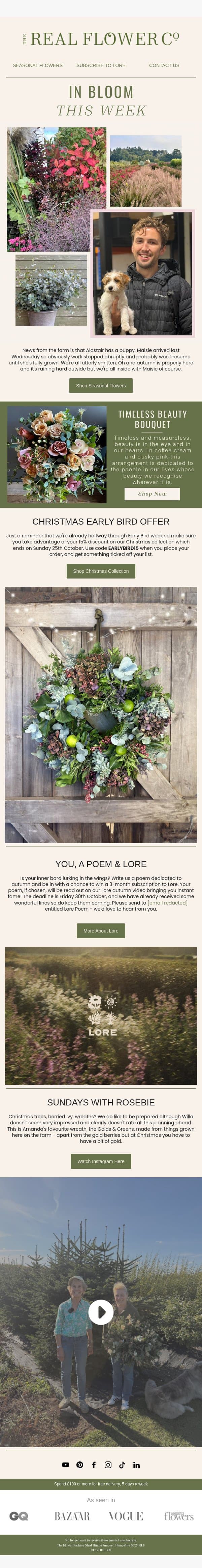 A Timeless Bouquet and a Puppy email from The Real Flower Company screenshot
