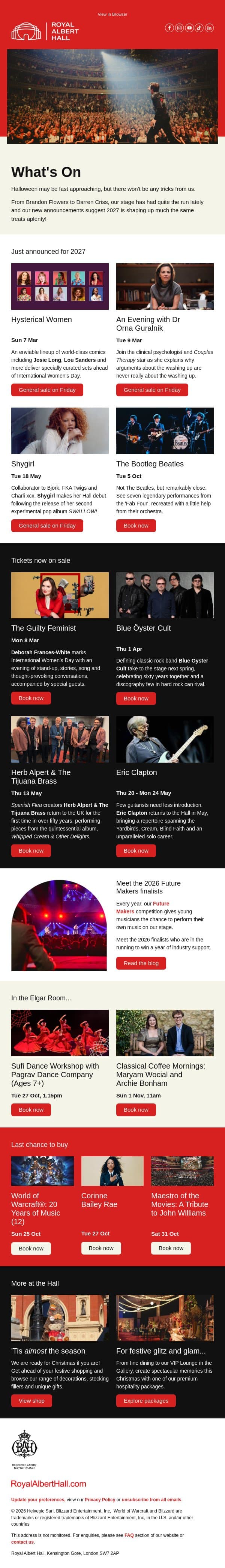 Just announced: The Guilty Feminist, Shygirl, Blue Öyster Cult and much more... email from The Royal Albert Hall screenshot