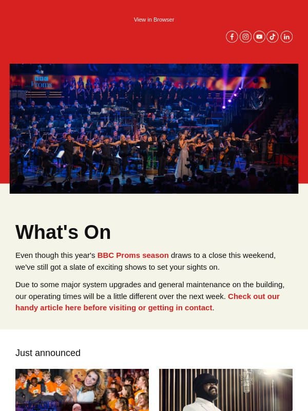 Just announced: Gregory Porter, Epica, Mountbatten Music Festival and more... email from The Royal Albert Hall