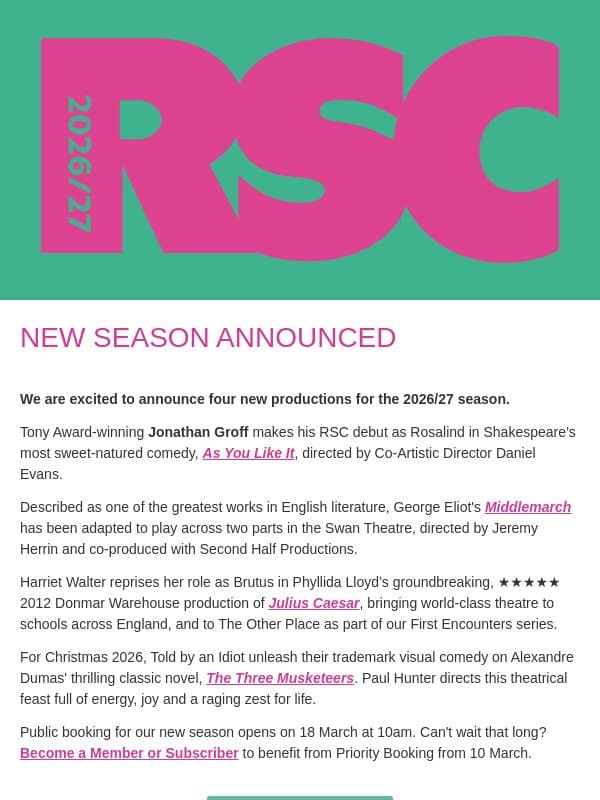 RSC New Season Announced email from The Royal Shakespeare Company