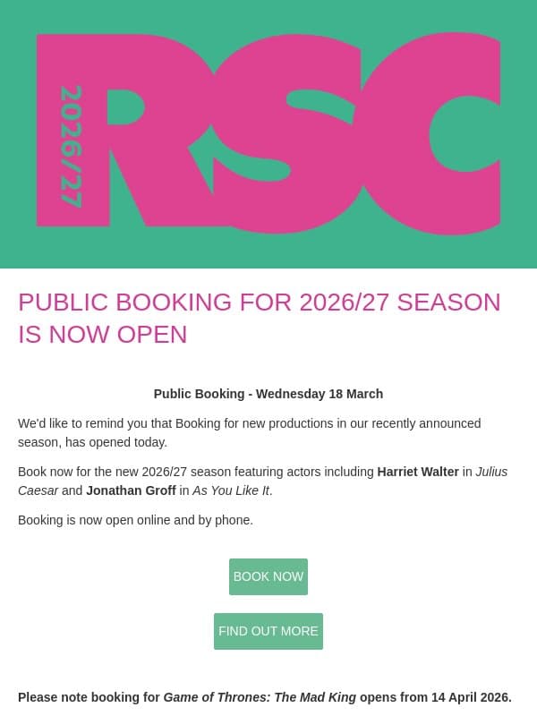 Public Booking is now open email from The Royal Shakespeare Company