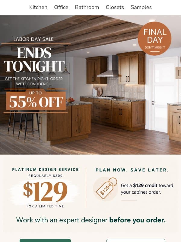Last Day: Save Up to 55% on Your Kitchen. Details Inside. email from The RTA Store