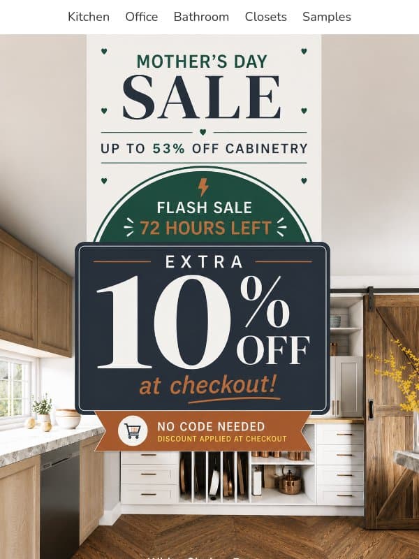 Your Extra 10% Off + Sale Pricing Ends in 72 Hours email from The RTA Store