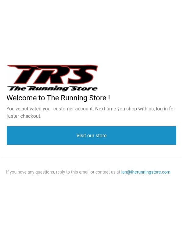 Customer account confirmation email from The Running Store screenshot