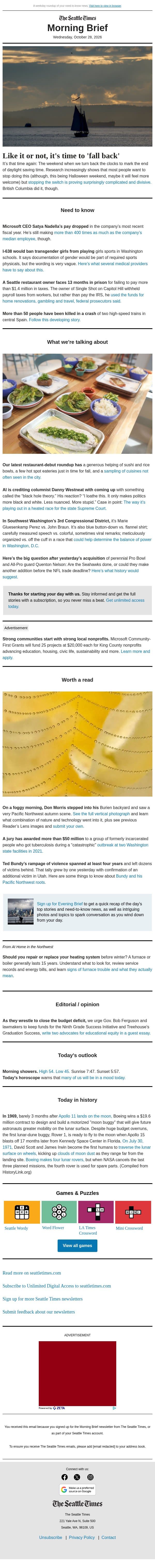 Wednesday Morning Brief: Almost time to 'fall back' (even if you hate it!) email from The Seattle Times screenshot