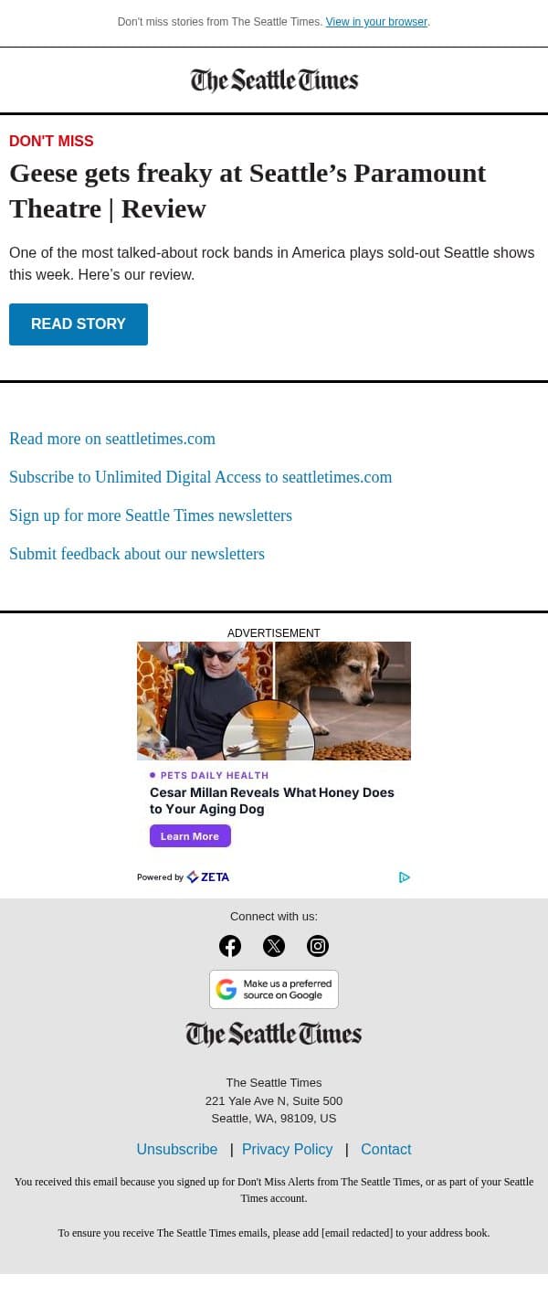 America’s most talked-about rock band plays Seattle show email from The Seattle Times screenshot