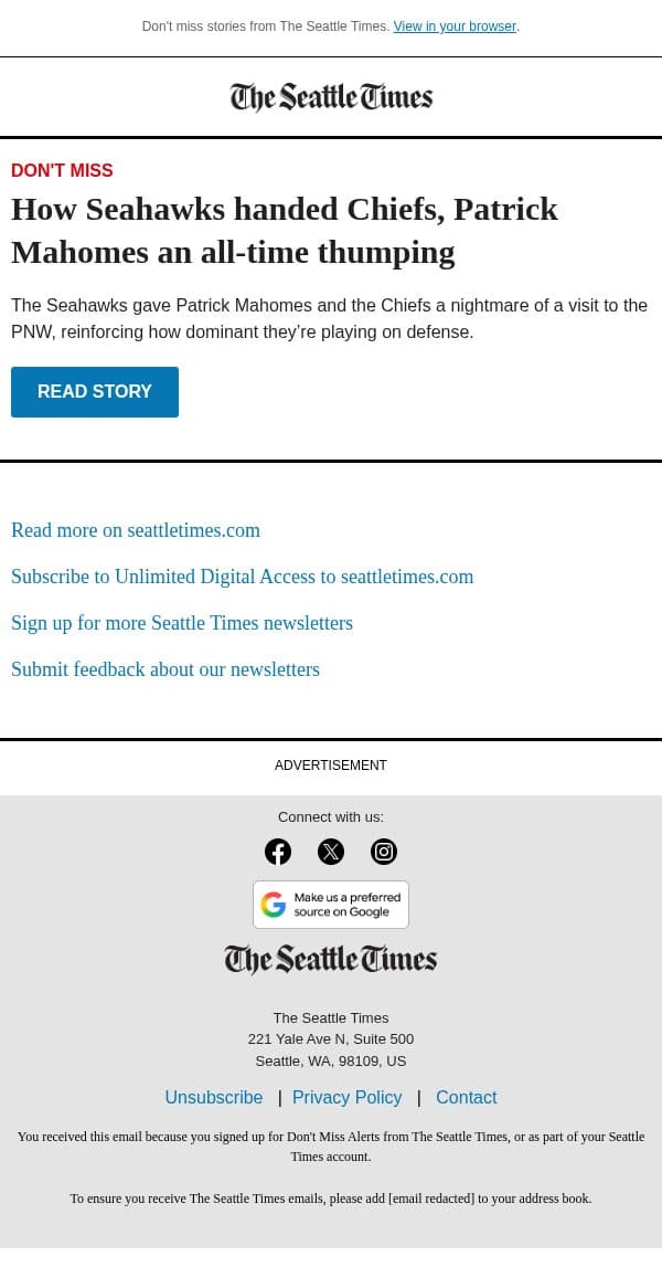 How Seahawks handed Mahomes an all-time thumping email from The Seattle Times screenshot