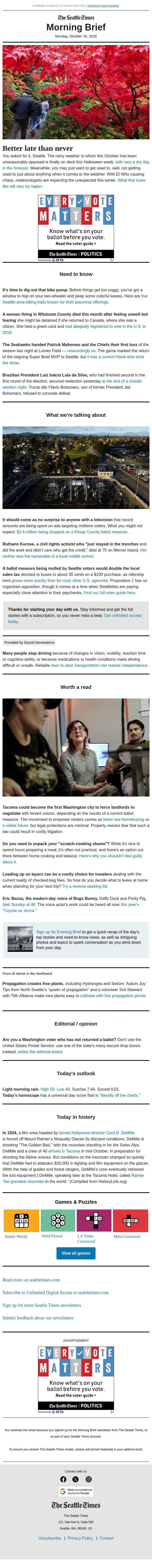 Monday Morning Brief: Rain, rain, here to stay? email from The Seattle Times screenshot