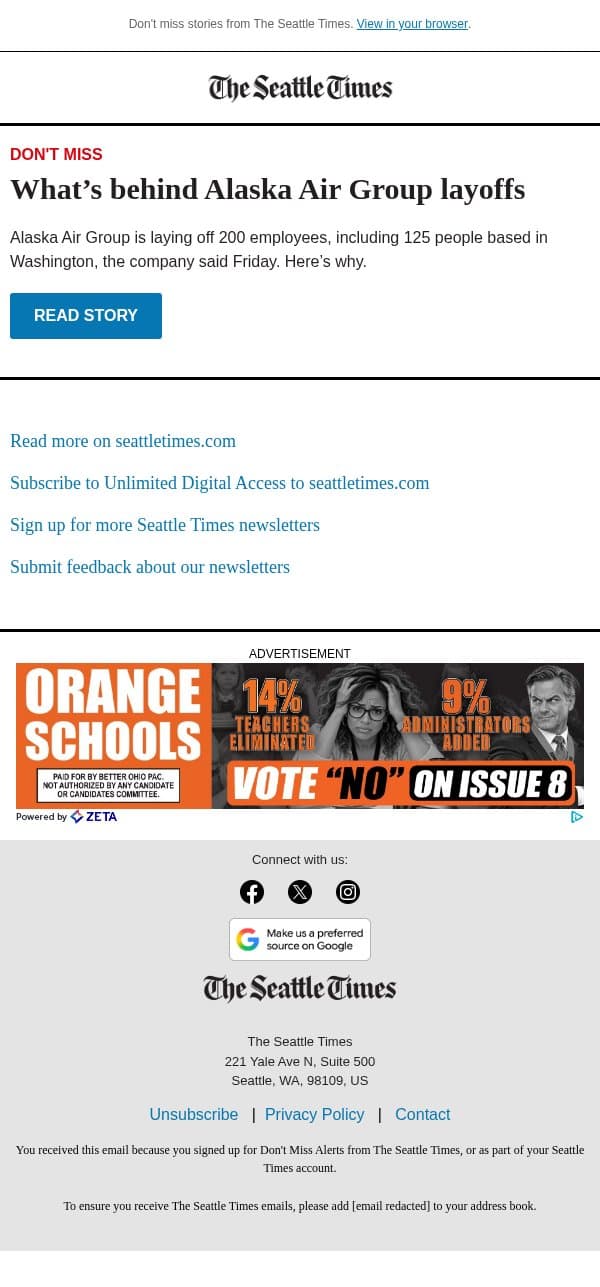Alaska Air Group lays off hundreds email from The Seattle Times screenshot