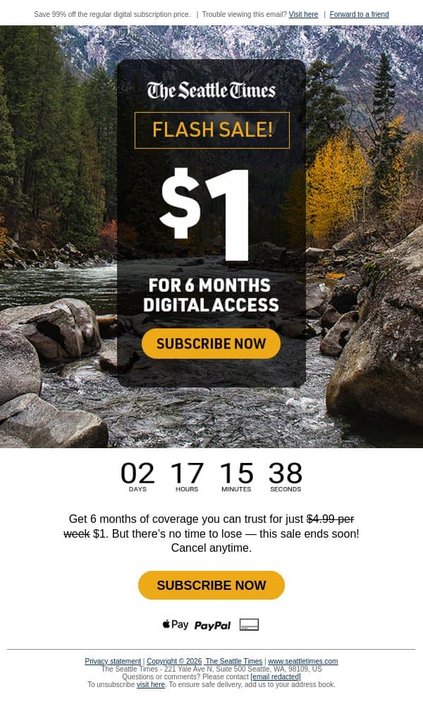 🚨Flash sale! $1 for 6 months of news. email from The Seattle Times screenshot