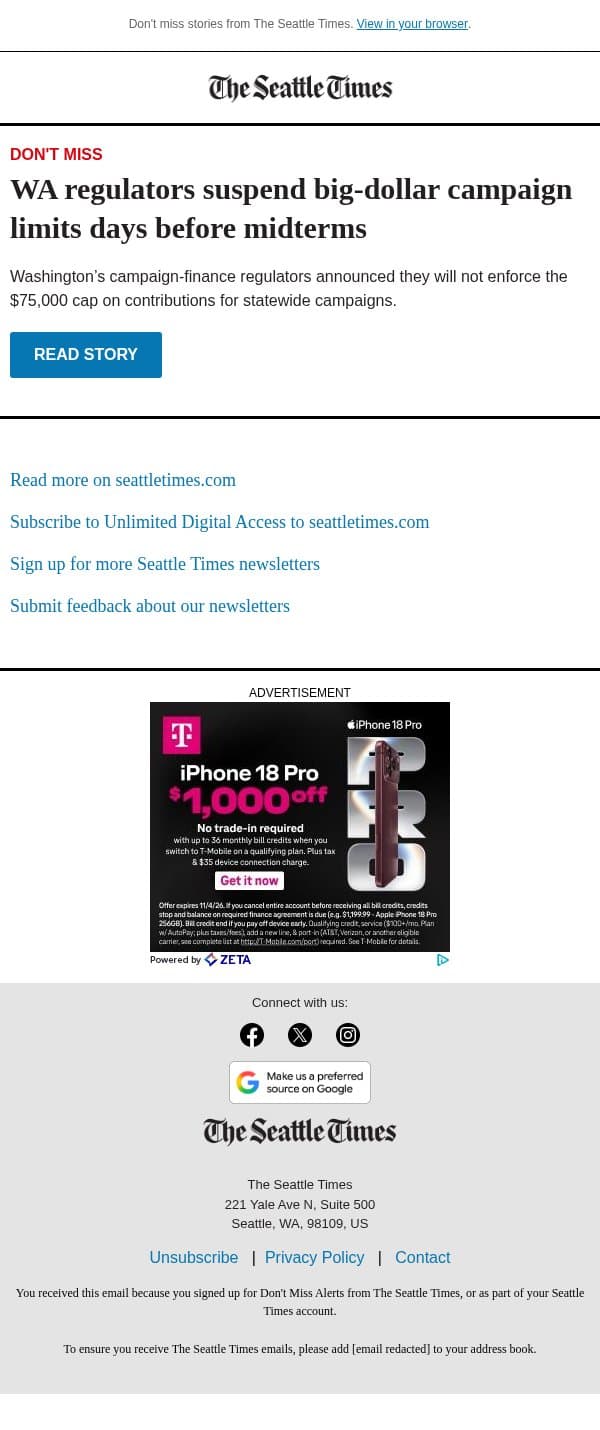 WA regulators lift campaign donation limits email from The Seattle Times screenshot