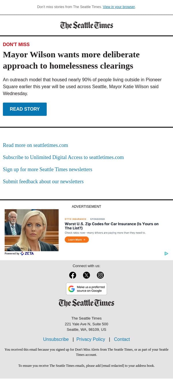 Mayor Wilson's plan for homelessness clearings email from The Seattle Times screenshot