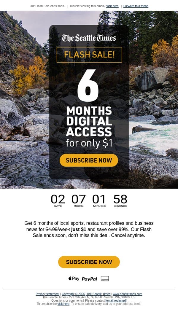 Happening now: $1 for 6 months of digital access. email from The Seattle Times screenshot