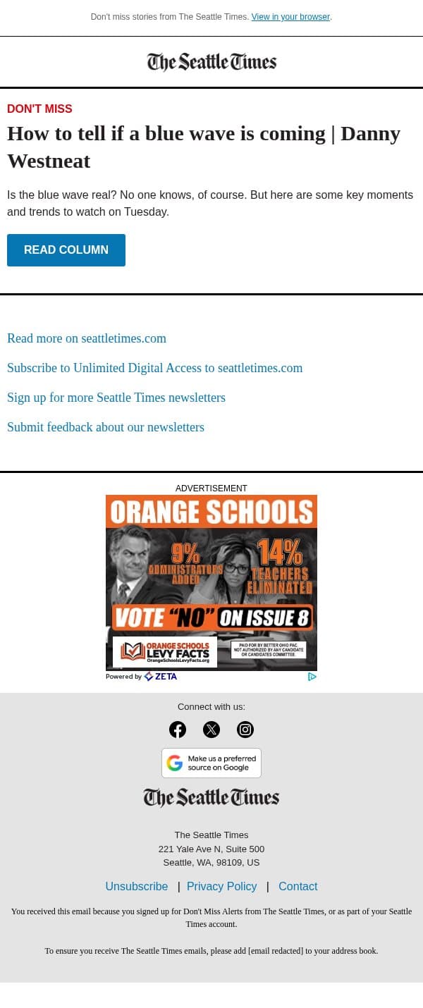 How to tell if a blue wave is coming email from The Seattle Times screenshot