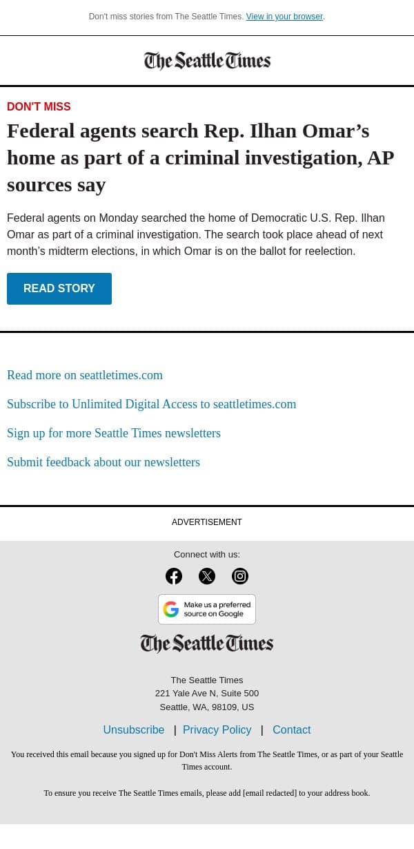 DHS agents search Rep. Ilhan Omar’s home email from The Seattle Times screenshot