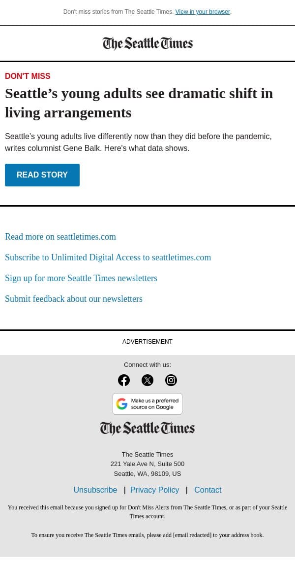 Fewer roommates among young Seattleites email from The Seattle Times screenshot