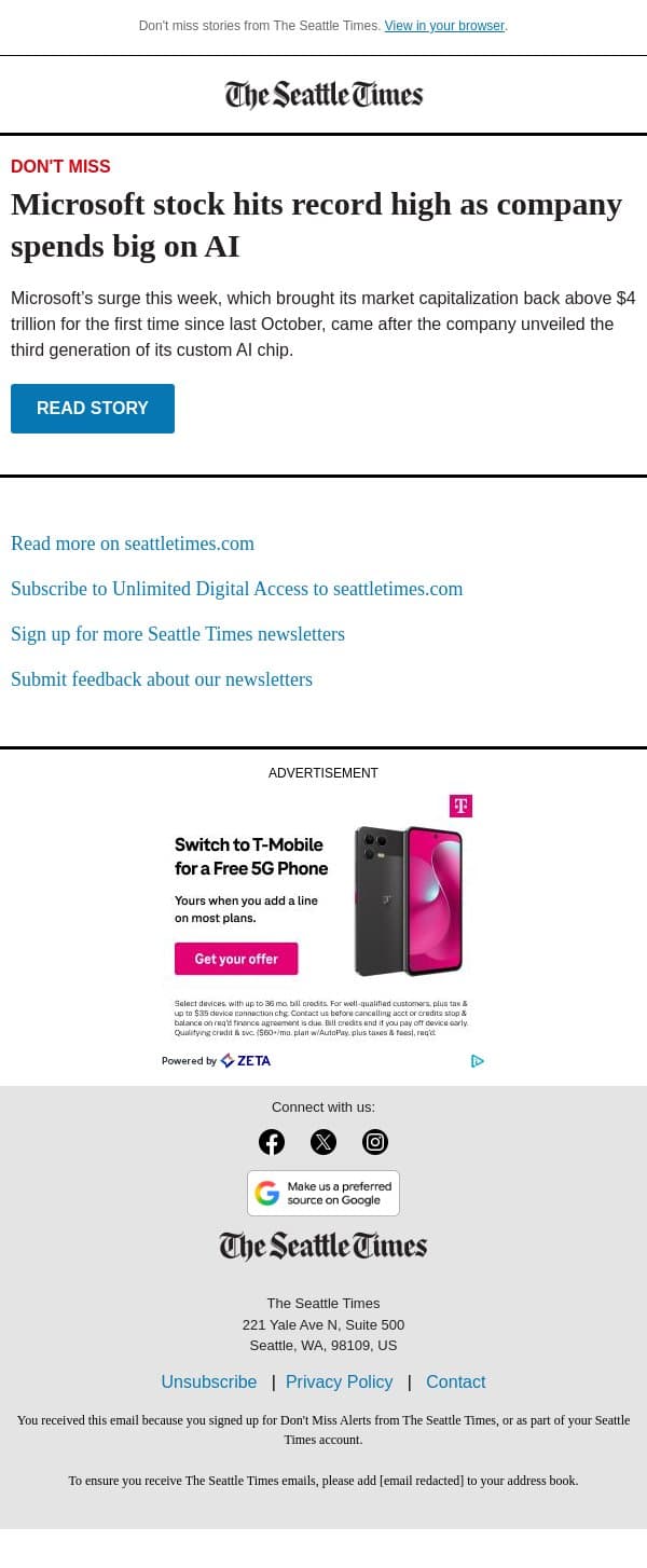 Microsoft stock hits record high email from The Seattle Times screenshot