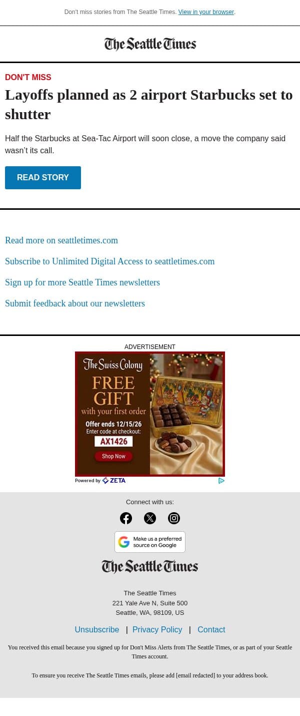 2 Starbucks to close at Sea-Tac email from The Seattle Times screenshot