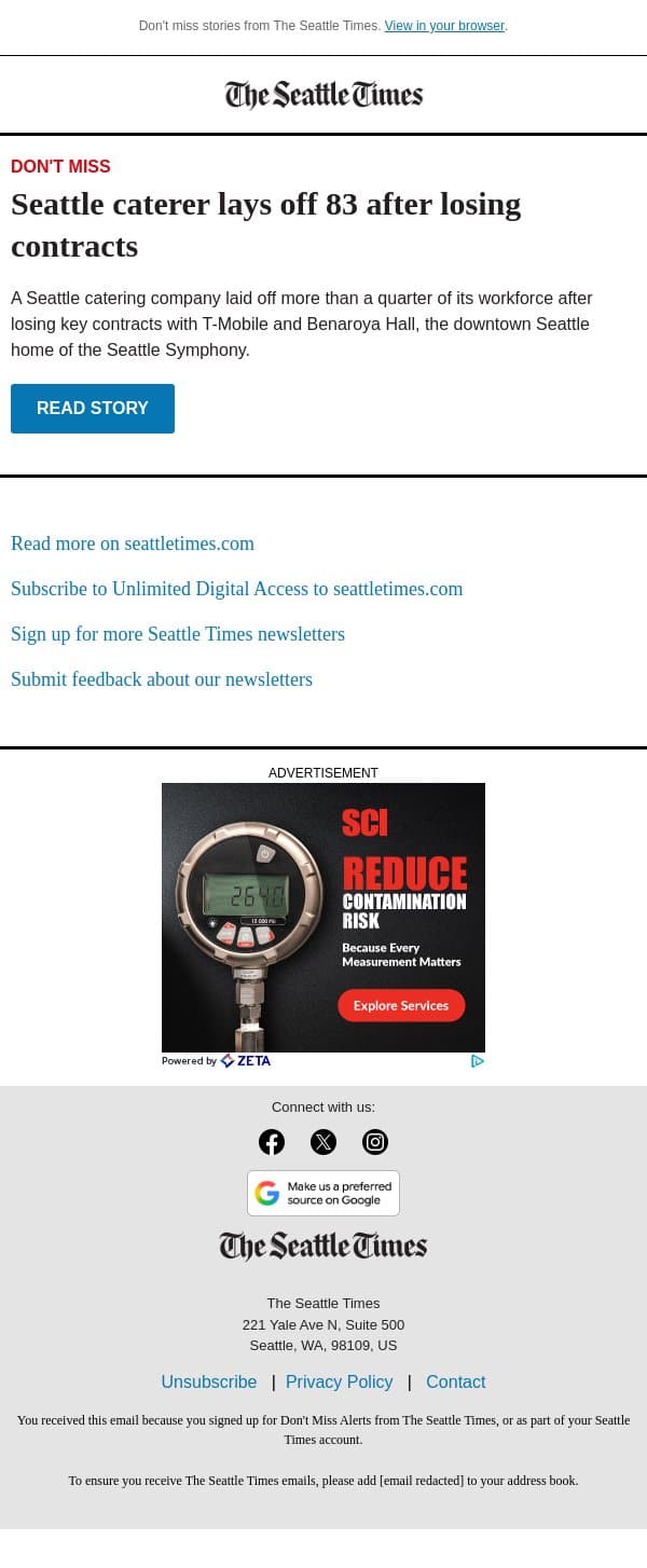 Seattle caterer lays off 83 after losing contracts email from The Seattle Times screenshot