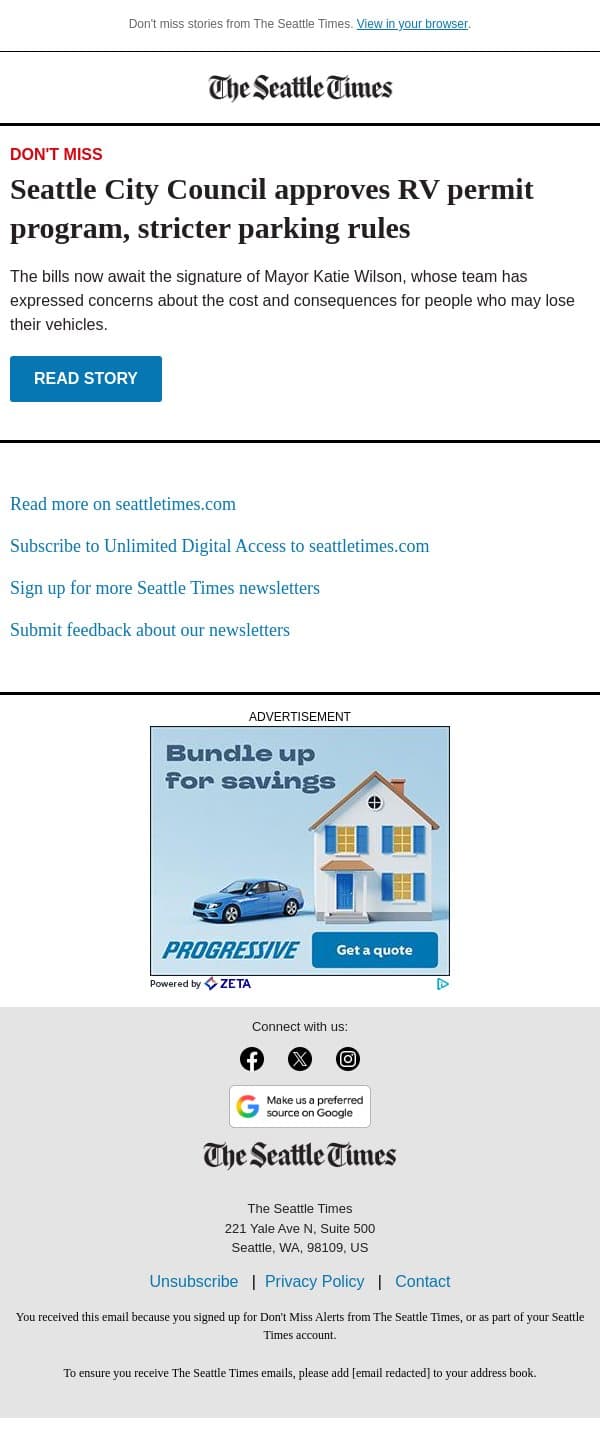Seattle looks at penalties, help for people living in RVs email from The Seattle Times screenshot