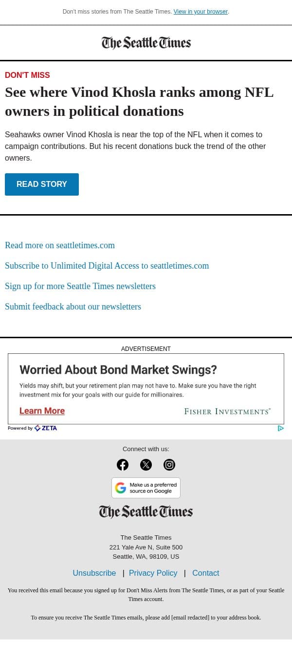 How Seahawks owner bucks NFL trend email from The Seattle Times screenshot