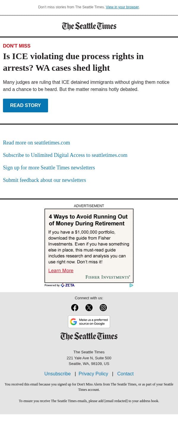 Is ICE violating rights in arrests? email from The Seattle Times screenshot