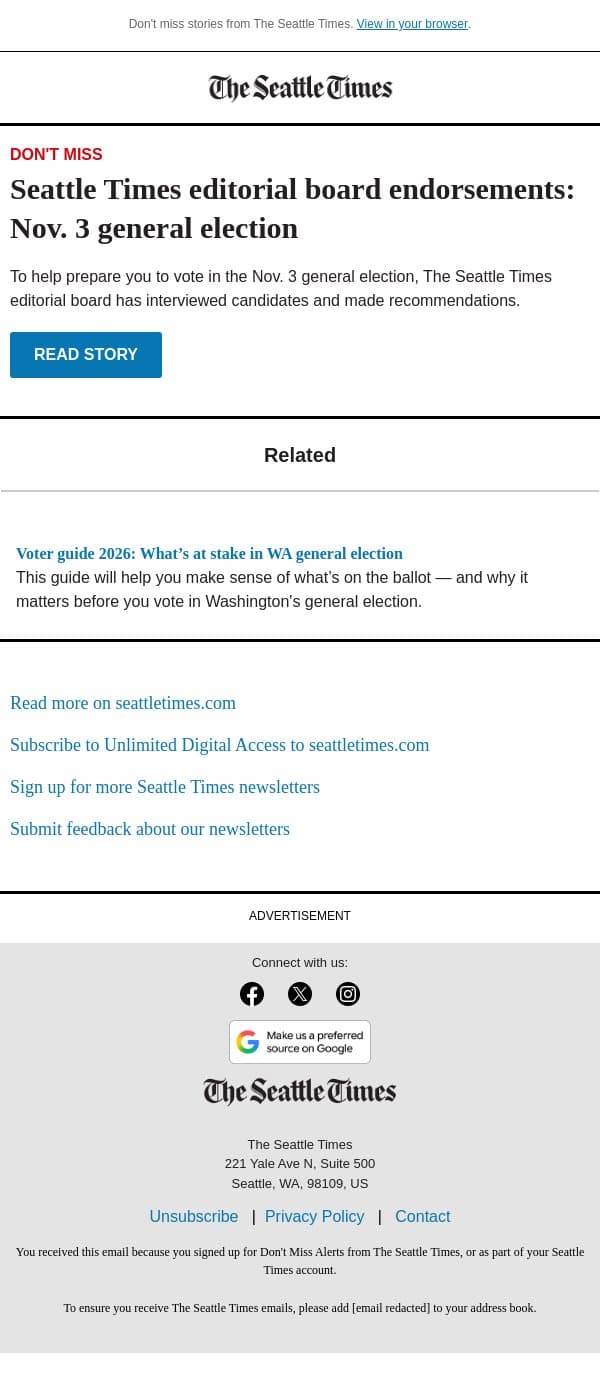 Seattle Times endorsements: Nov. 3 election email from The Seattle Times screenshot