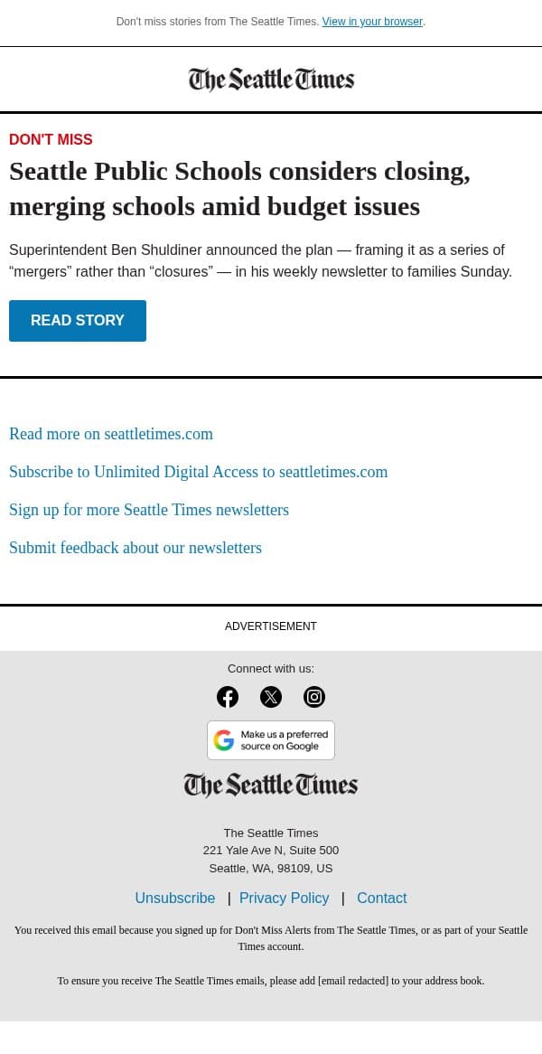 SPS considers closing, merging schools email from The Seattle Times screenshot