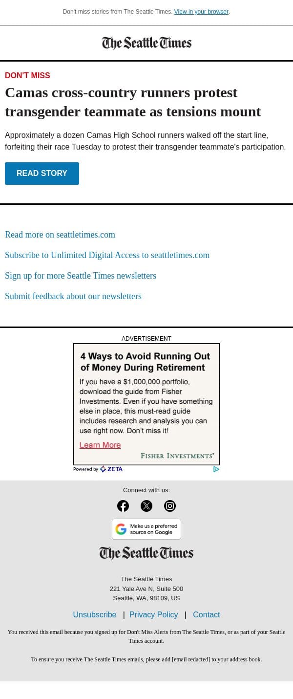 WA HS runners protest trans teammate email from The Seattle Times screenshot