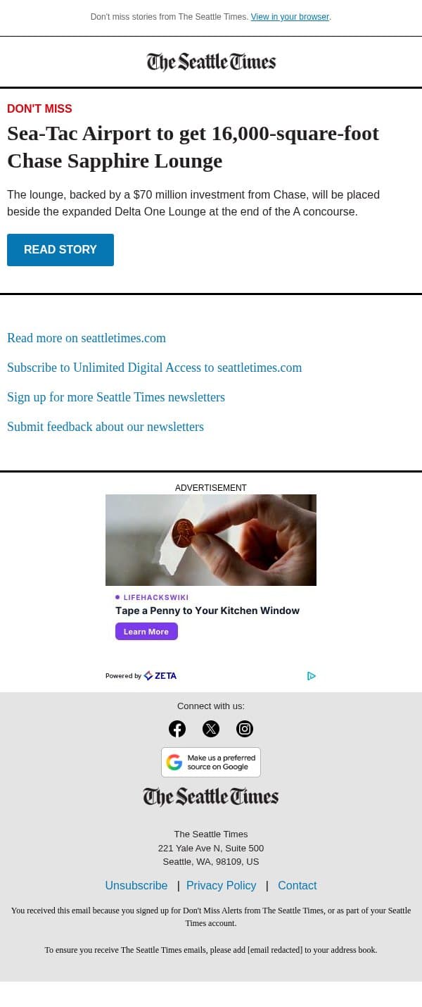 Sea-Tac Airport to get new lounge email from The Seattle Times screenshot