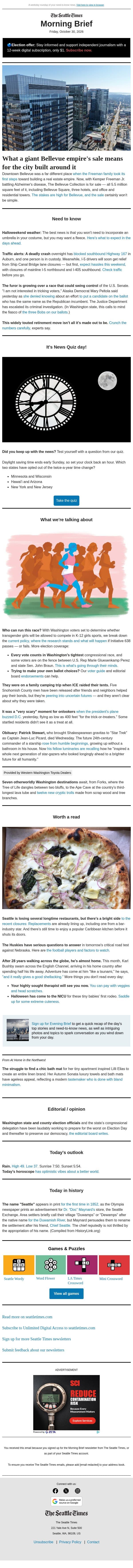 Friday Morning Brief: Halloween weather, plus a presidential trick (or treat?) email from The Seattle Times screenshot