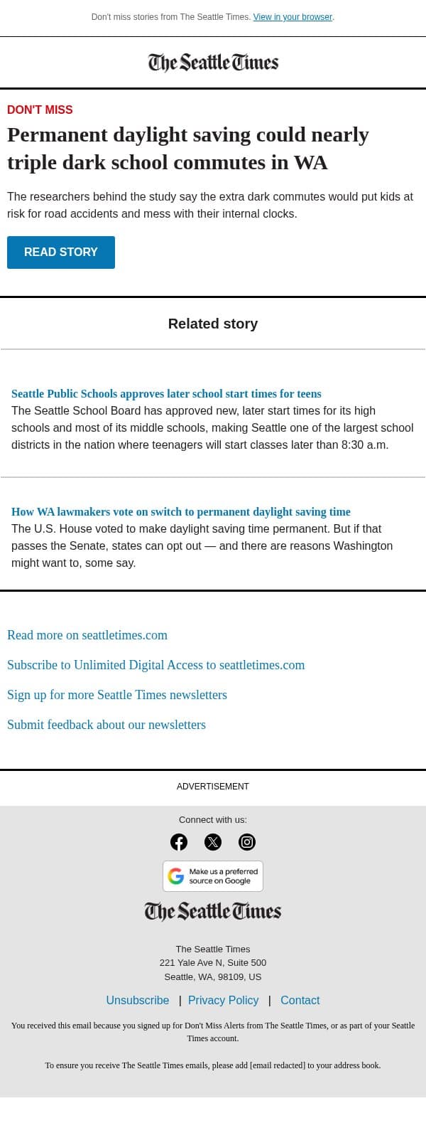 Permanent daylight saving could put kids at risk email from The Seattle Times screenshot