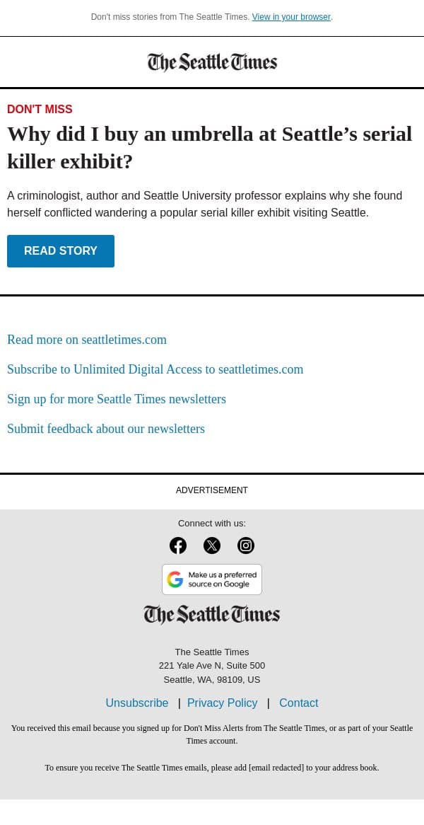 What you'll find at serial killer exhibition email from The Seattle Times screenshot