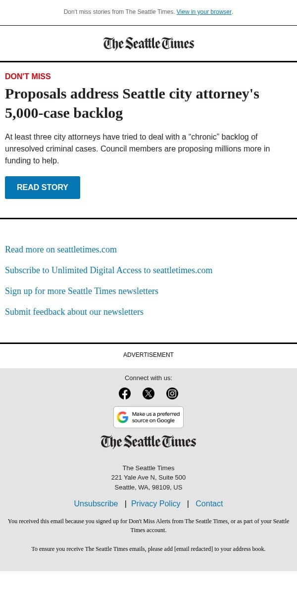 Seattle takes aim at case backlog email from The Seattle Times screenshot