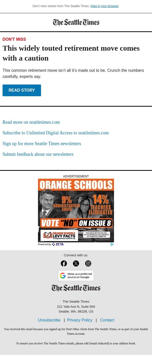 Widely touted retirement move not for all email from The Seattle Times screenshot
