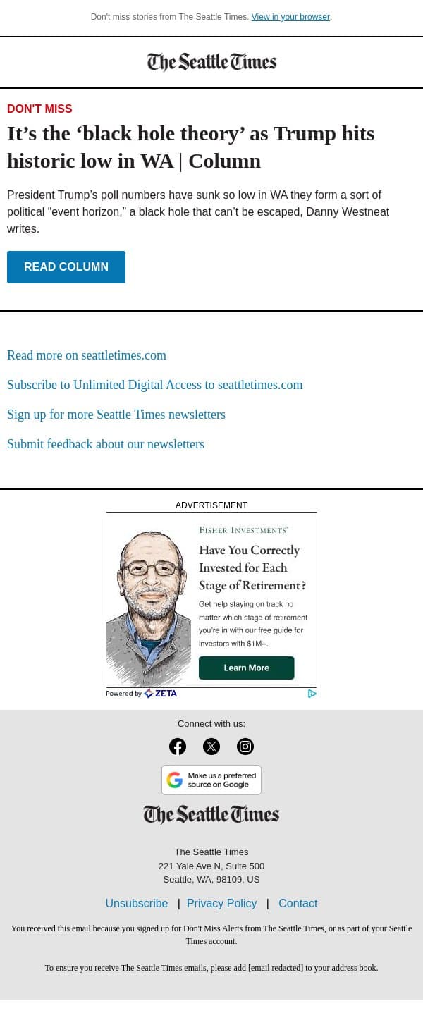 Trump hits historic low in WA | Column email from The Seattle Times screenshot