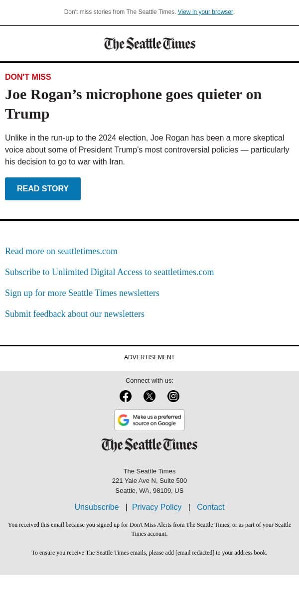 Joe Rogan goes quieter on Trump email from The Seattle Times screenshot