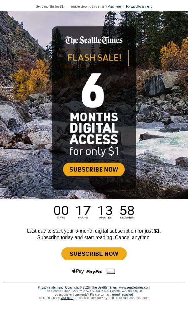 🕛Ends at midnight: $1 FOR 6 MONTHS. email from The Seattle Times screenshot