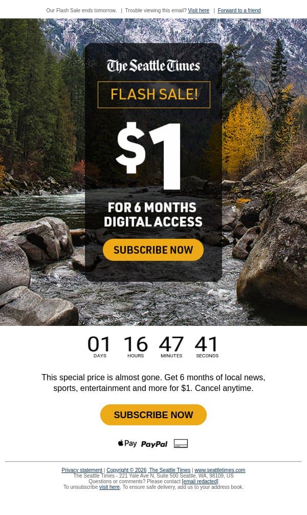 Our biggest sale of the year ends TOMORROW. email from The Seattle Times screenshot