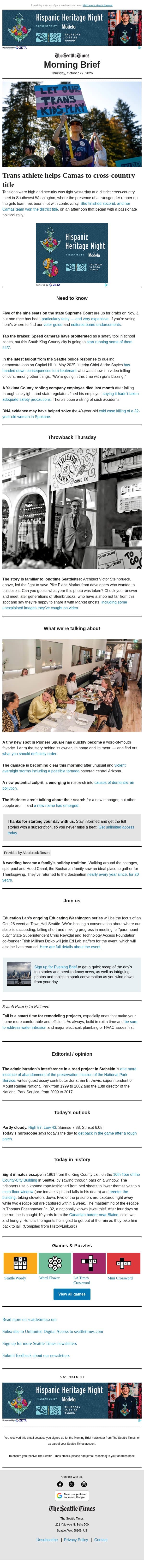 Thursday Morning Brief: Tiny eatery is a huge hit email from The Seattle Times screenshot