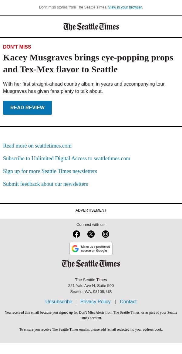 Musgraves brings back her country | Review email from The Seattle Times screenshot