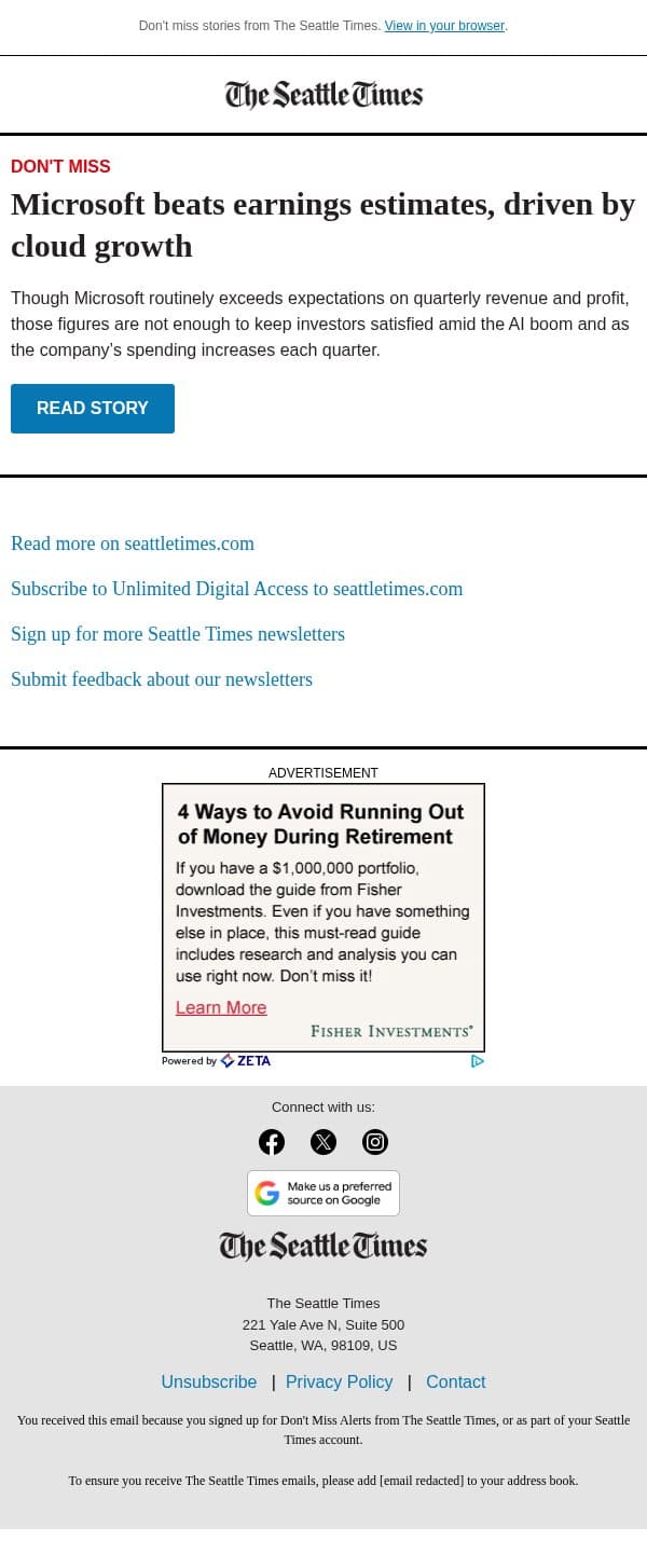 Microsoft beats earnings estimates email from The Seattle Times screenshot