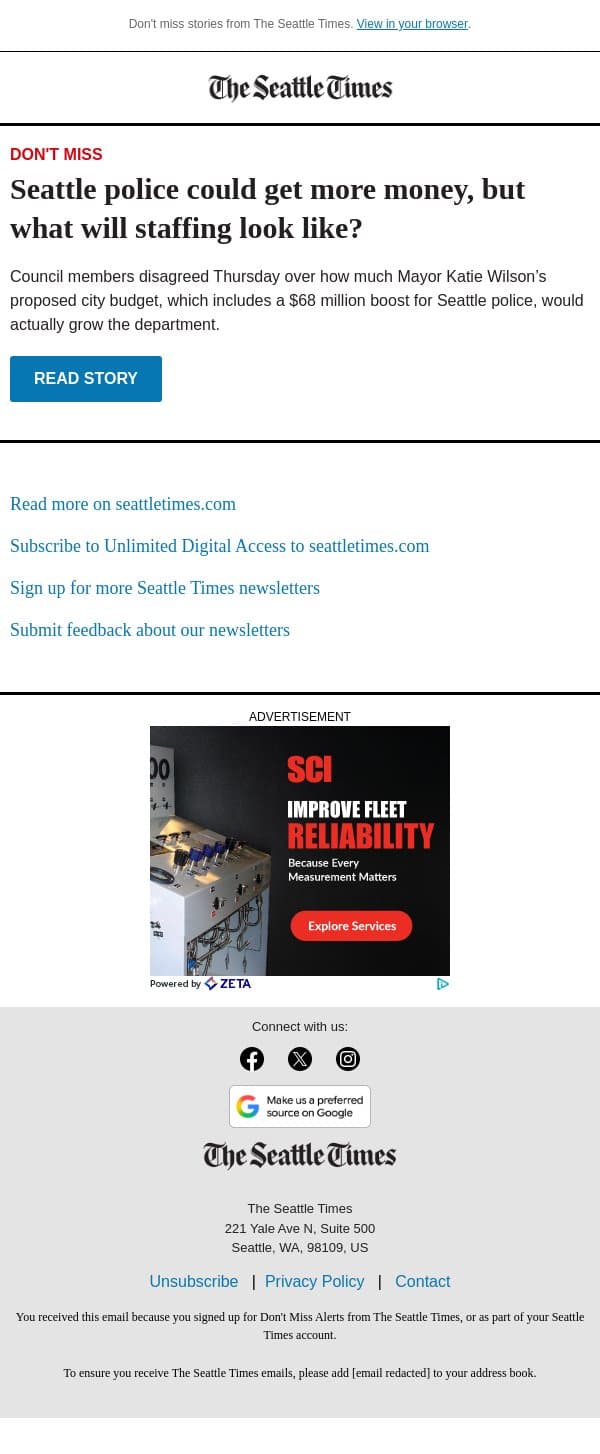 Will Seattle’s budget help grow police? email from The Seattle Times screenshot