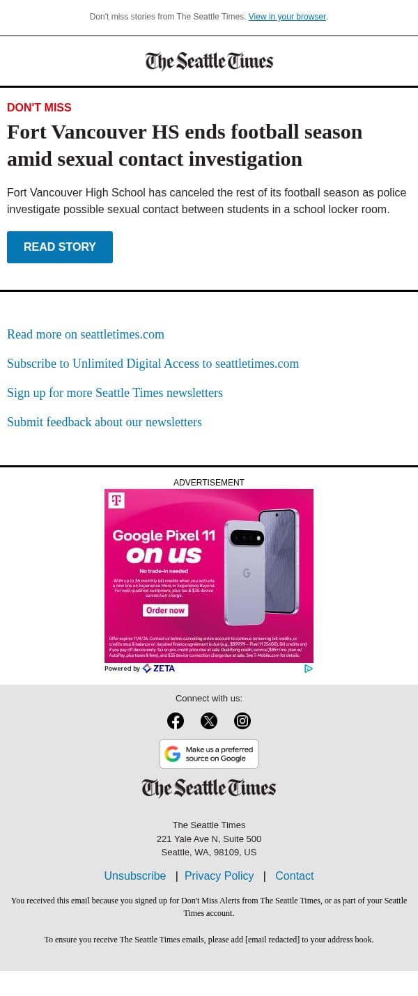 WA school cancels football season amid probe email from The Seattle Times screenshot